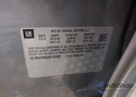 2018 Chevrolet Volt Lt z USA, uszkodzony, nr VIN 1G1RA6S58JU135438